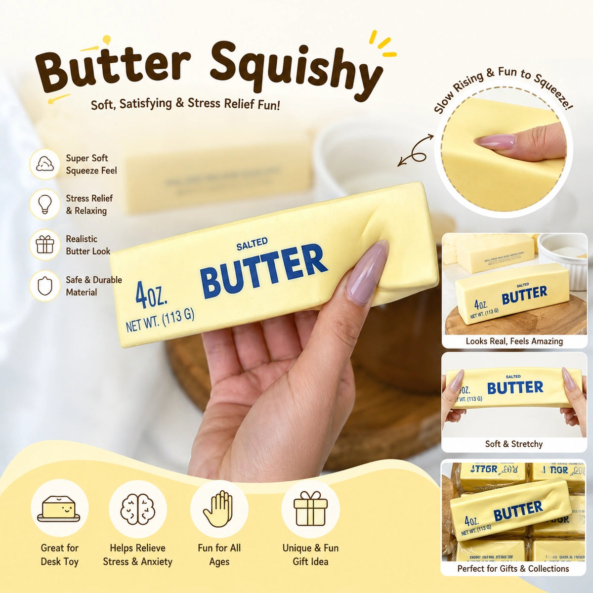 Soft-touch butter sensory toy made for tactile play, squeezing and keeping hands comfortably engaged.