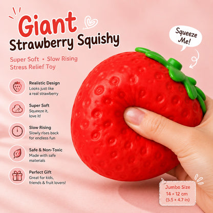 Slow rising strawberry squeeze toy with a soft texture that gradually returns to shape after pressing.