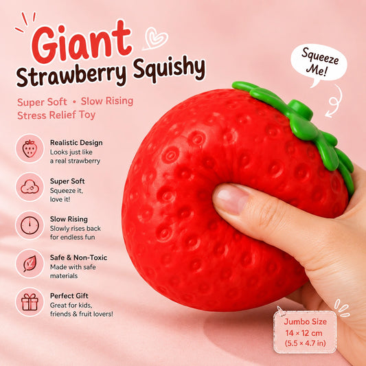 Slow rising strawberry squeeze toy with a soft texture that gradually returns to shape after pressing.