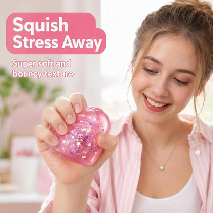 Woman squeezing a soft pink glitter heart squishy sensory toy for a satisfying fidget and everyday stress relief experience.