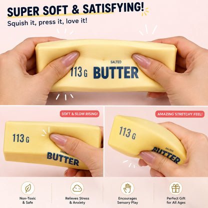 Soft rebound butter compression toy designed to deform under pressure and slowly recover after release.