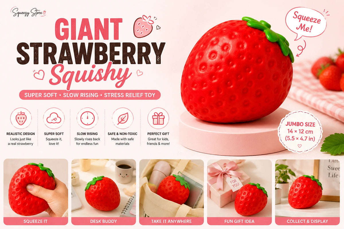 Soft rebound strawberry compression toy that squishes under pressure and slowly recovers its original shape.