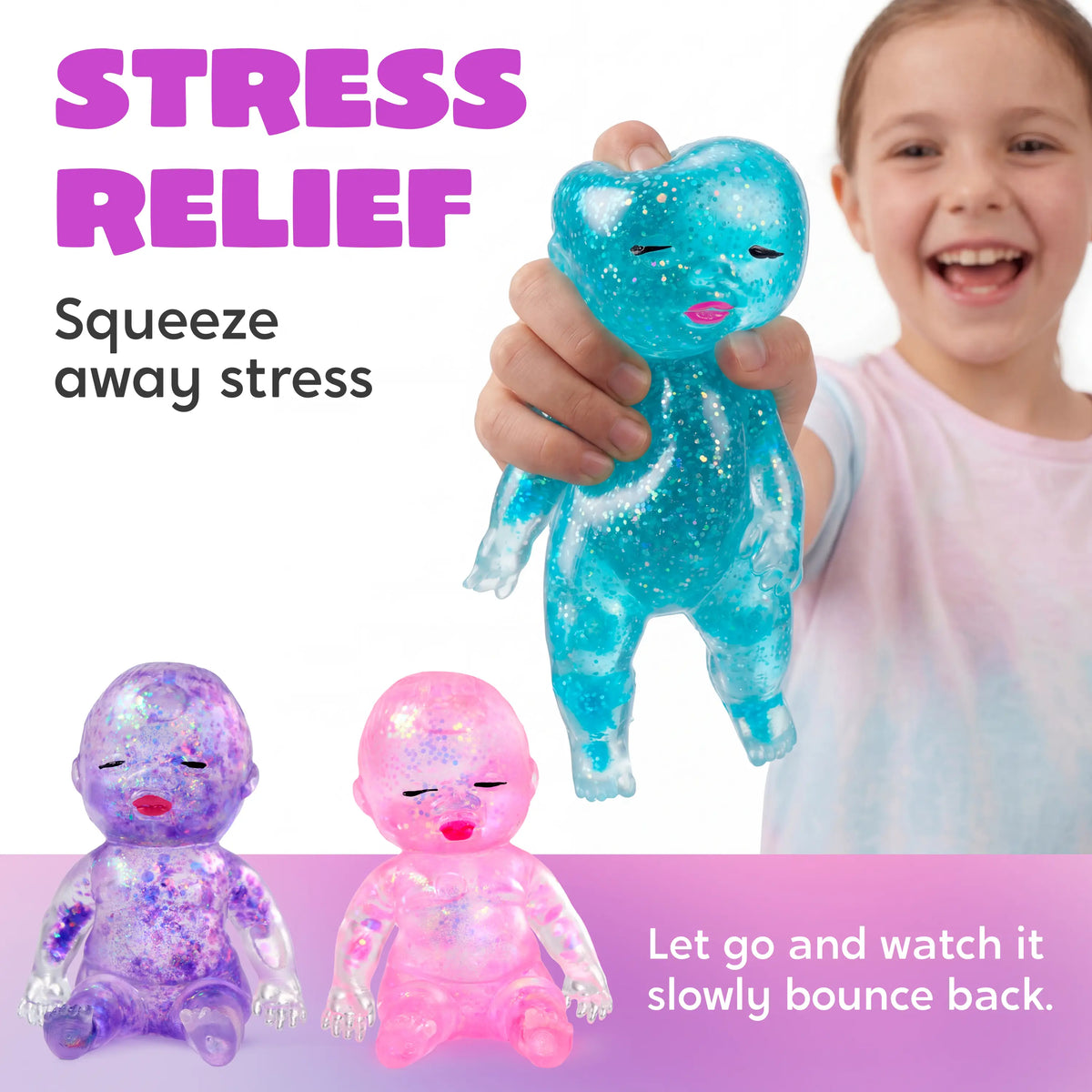 Sparkly fidget figure for hands-on calming activity at a desk, office, study space or home.