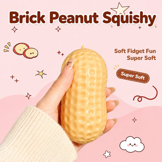 Hand holding a super soft peanut squishy with a textured surface, designed for satisfying squeezing, sensory play and everyday fidget fun.