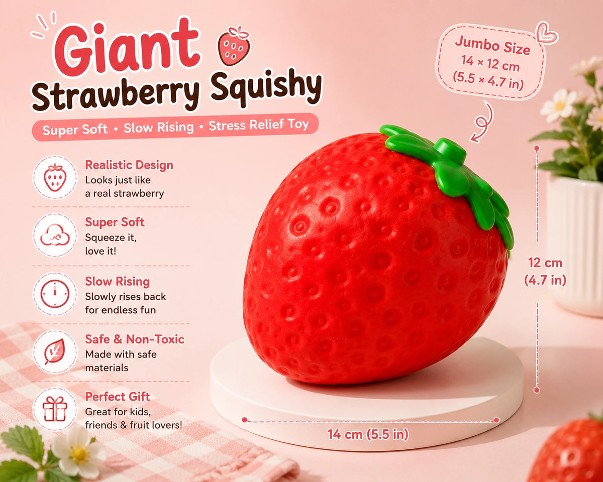 Tactile fruit squishy collectible featuring a large strawberry shape for squeezing, displaying and collecting.