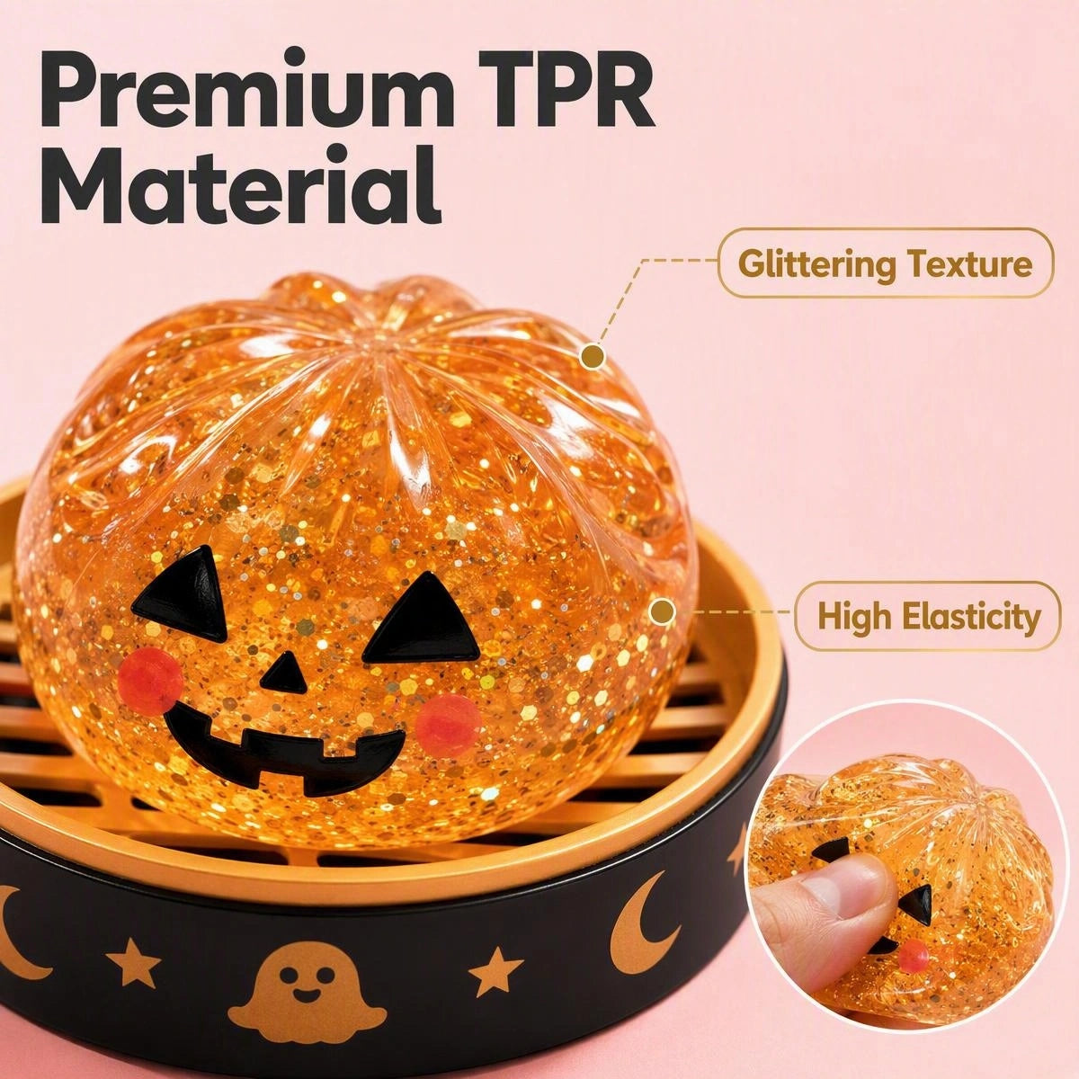 Orange pumpkin sensory squeeze toy made with flexible TPR material, featuring high elasticity and a sparkling glitter texture.