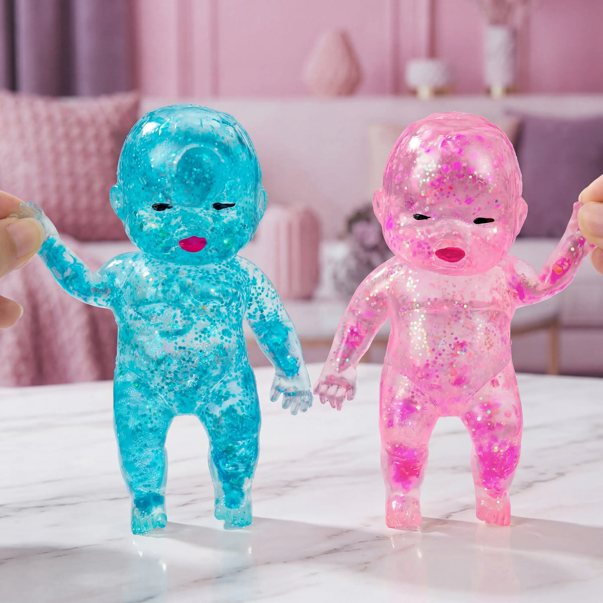Translucent baby toy featuring colorful floating glitter and a playful design for collectors and toy lovers.